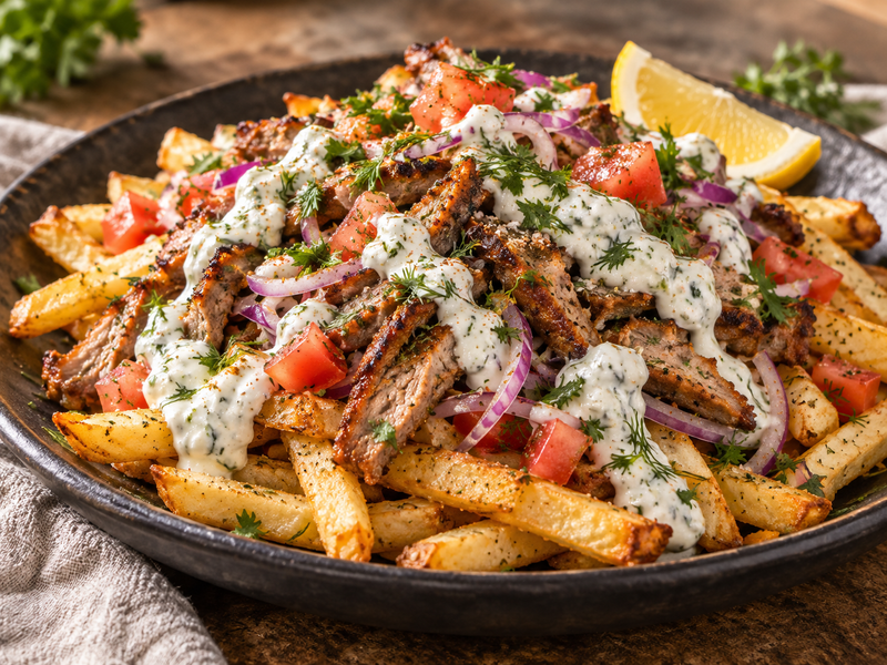 Loaded Gyros-Pommes mit Gurken-Aioli, Tomaten und roten Zwiebeln