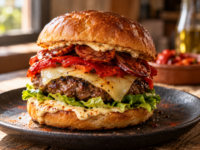 Spanischer Beef-Burger mit Chorizo, Paprika, Manchego und Dollie Roasted Garlic Aioli