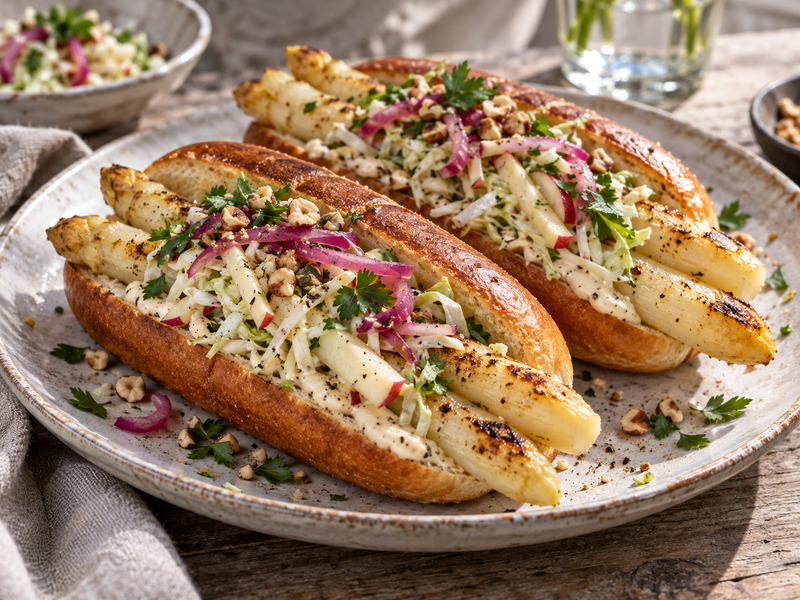 Spargel-Hotdogs mit Dollie Trüffel Mayo und Apfel-Krautsalat
