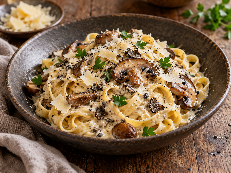 Trüffel-Mayo-Pasta mit Champignons und Parmesan