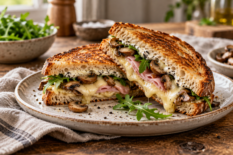 Gegrilltes Trüffel-Sandwich mit Schinken und Pilzen - Dolliesauce