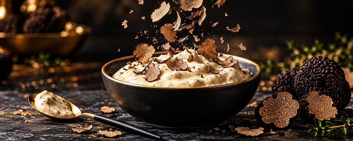 Trüffelmayonnaise mit Trüffelscheiben im goldenen Licht