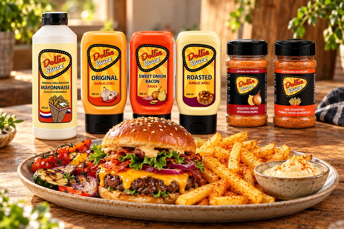 Burger, Fritten und Grillgemüse mit den vier Saucen und zwei Gewürzen aus dem Dollie Fan-Set