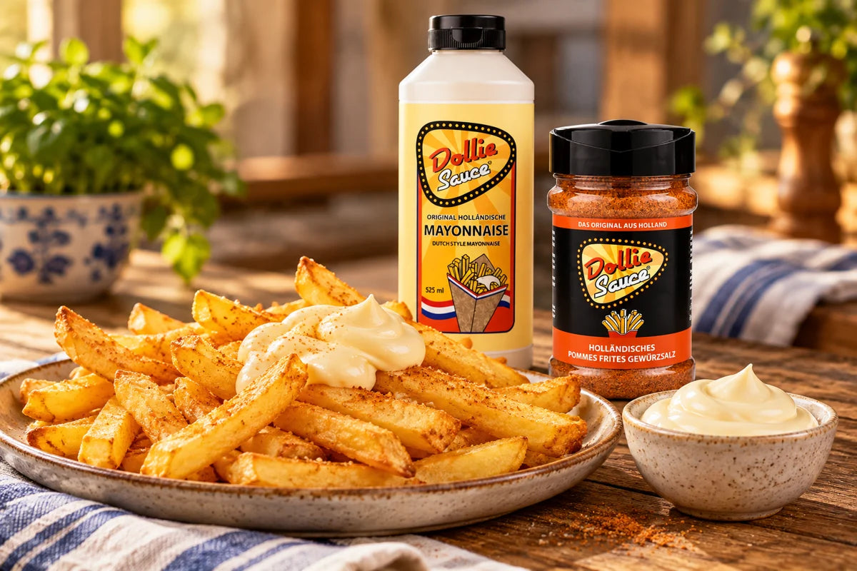 Goldbraune Fritten mit holländischer Dollie Mayonnaise und Pommes-Gewürz